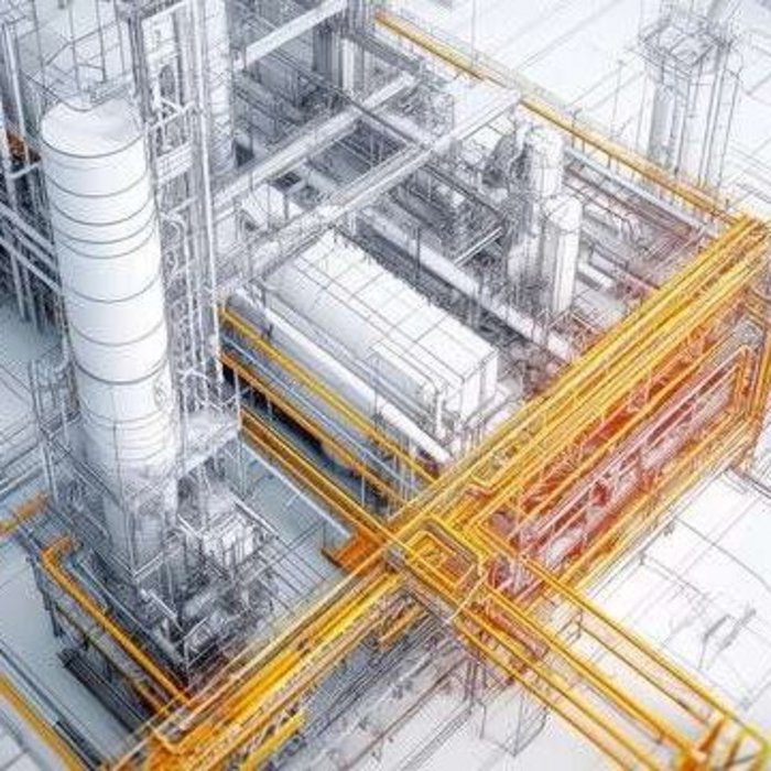 3D-Modell einer industriellen oder architektonischen Struktur mit detaillierten Rohrleitungen und strukturellen Elementen