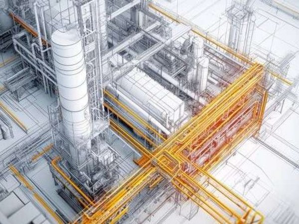 3D-Modell einer industriellen oder architektonischen Struktur mit detaillierten Rohrleitungen und strukturellen Elementen