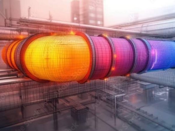 Reihe von zylindrischen Tanks, die bunte Lichter in einem Regenbogenmuster ausstrahlen