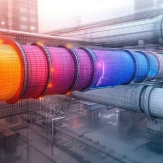 Reihe von zylindrischen Tanks, die bunte Lichter in einem Regenbogenmuster ausstrahlen