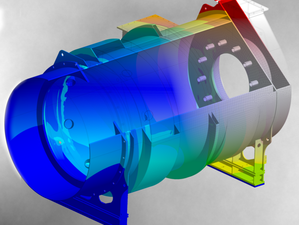 3D-Modell einer zylindrischen Struktur mit Farbverlauf zur Darstellung von Spannungen oder Temperaturverteilung