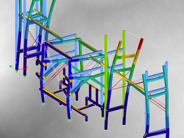3D-Darstellung eines industriellen Gerüsts mit verbundenen Trägern, Säulen und Plattformen