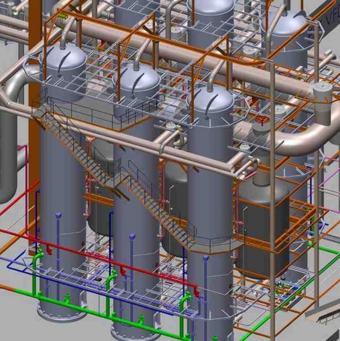 3D-Darstellung einer industriellen Prozesseinheit mit verbundenen Behältern und Rohrleitungen
