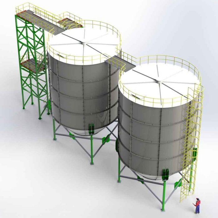 3D-Darstellung von Industrie-Speichertanks auf einem grünen Metallgerüst