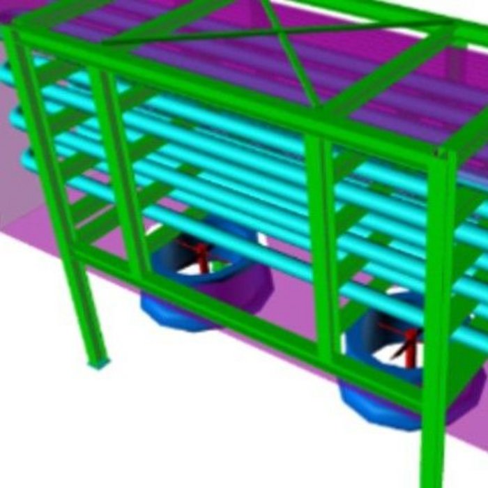3D-Modell eines strukturierten Systems mit grünen Rahmen und violetten Komponenten