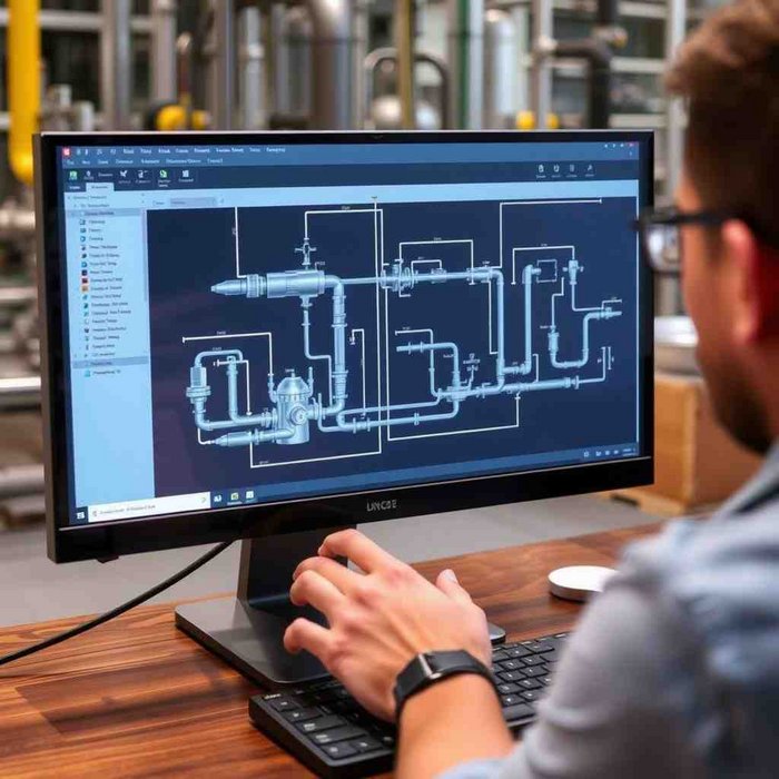 Person arbeitet an einem Computer mit einem technischen Diagramm auf dem Bildschirm