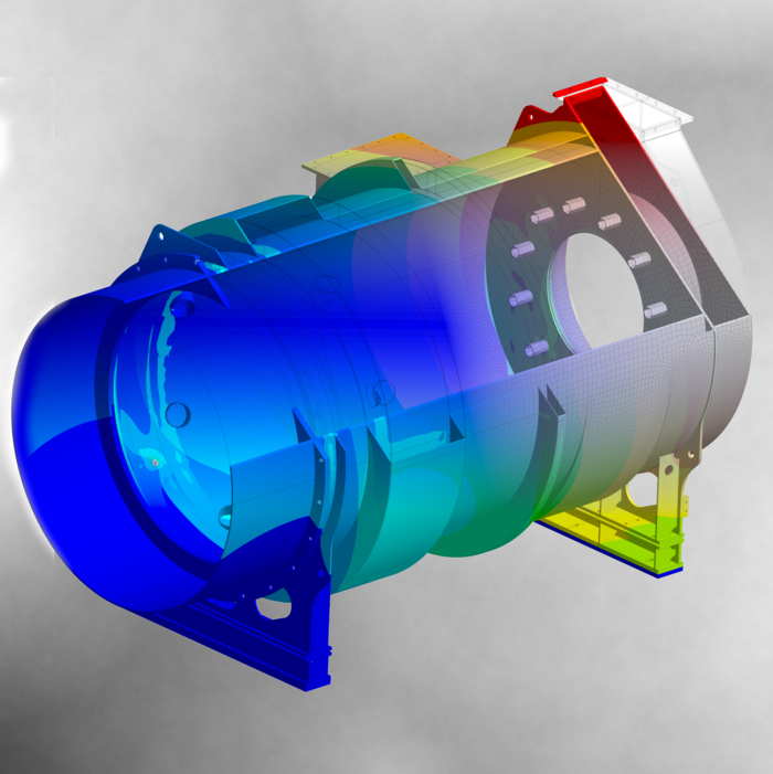 3D-Modell einer zylindrischen Struktur mit Farbverlauf zur Darstellung von Spannungen oder Temperaturverteilung