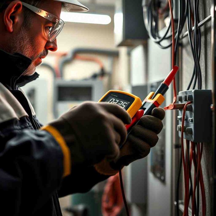 Person mit Schutzbrille und Handschuhen bei der Arbeit an einem elektrischen Schaltschrank mit einem Werkzeug