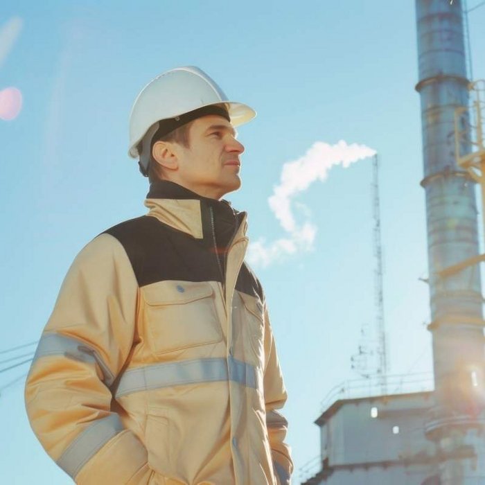 Person in einer gelben Warnweste und einem weißen Schutzhelm in einer industriellen Umgebung
