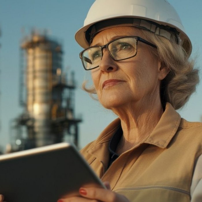  determined female engineer in a protective helmet and glasses